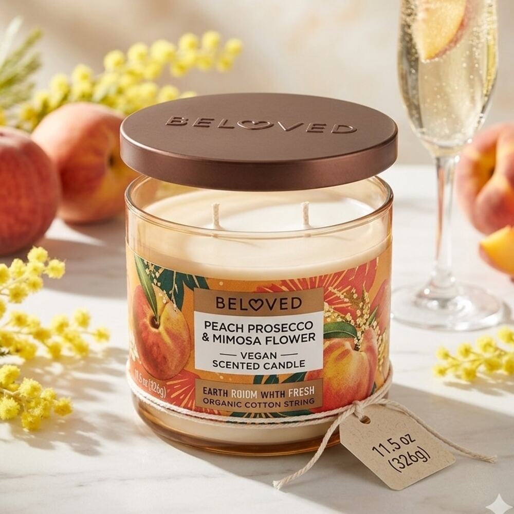 Beloved Peach Prosecco & Mimosa Flower 11.5 oz 2-wick vegan scented candle - NEW